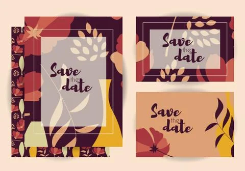 Wedding invitations, collection of vector wedding set with floral seamless pa Stock Illustration