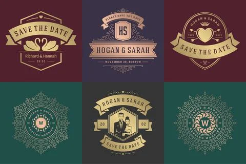 Wedding invitations save the date logos and badges vector elegant templates s Illustrazione stock
