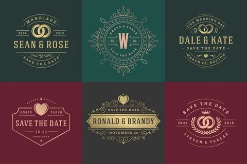 Wedding invitations save the date logos and badges vector elegant templates s Illustrazione stock