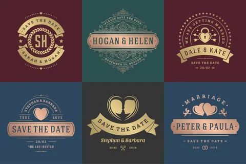 Wedding invitations save the date logos and badges vector elegant templates s Illustrazione stock