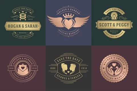 Wedding invitations save the date logos and badges vector elegant templates s Illustrazione stock