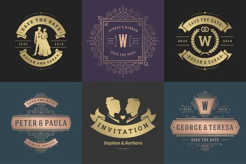 Wedding invitations save the date titles and labels vector elegant elements.. Illustrazione stock