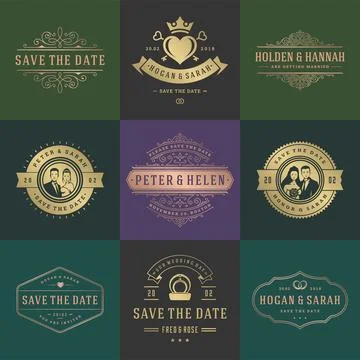 Wedding invitations save the date titles and labels vector elegant elements s Illustrazione stock