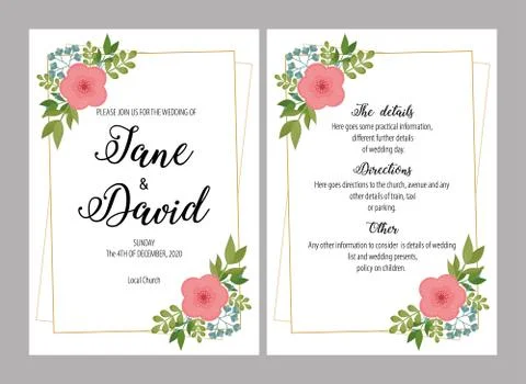 Wedding invitations set with flowers vector illustration. Design of cards, in Stock Illustration