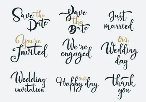 Wedding invitations white handwritten vector lettering set Illustrazione stock