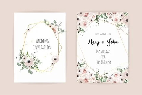 Wedding invite, invitation, design with elegant pink rose and anemone,branches Stock Illustration