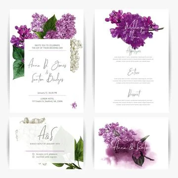Wedding kit templates, four cards designs with hand drawn florals Stock Illustration