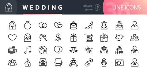 Wedding Line Icons Set with Editable Stroke Stock Illustration
