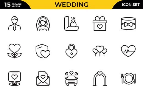 Wedding line icons set. wedding couple bride marriage flat icon pack. Thin .. Stock Illustration