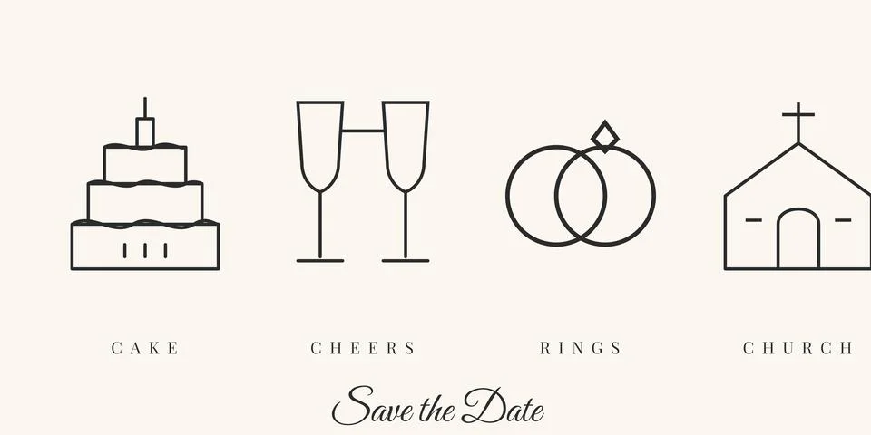 Wedding line illustrations set: cake, glasses, rings, church イラスト素材