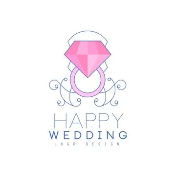 Wedding line logo design with diamond ring and ornament Stock Illustration