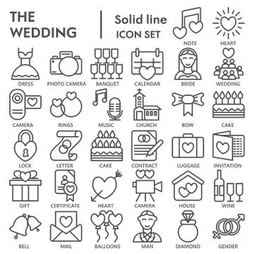 Wedding line SIGNED icon set, love symbols collection, vector sketches, logo Stock Illustration