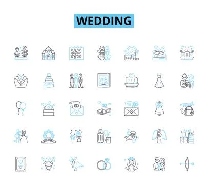 Wedding linear icons set. Love, Rings, Vows, Flowers, Dress, Cake, Venue line Stock Illustration