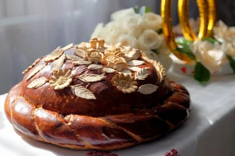 Wedding loaf on the table. Closeup view Stock Photos