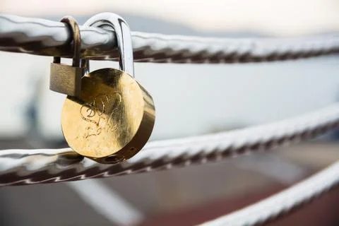 Wedding lock on a handrail. Stock Photos