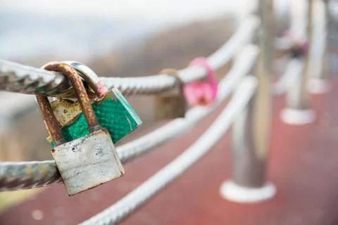 Wedding lock on a handrail. Stock Photos
