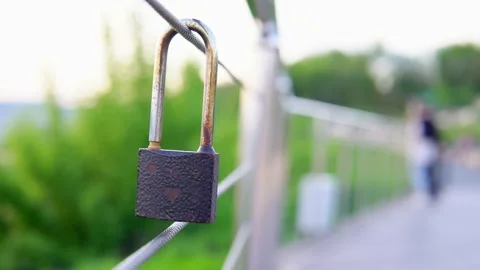 A wedding lock hangs on the railing.Monument on the wedding day Stock Footage 199597217