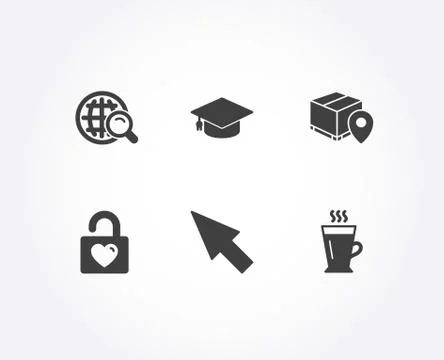Wedding locker, Mouse cursor and Graduation cap icons. Internet search, Parcel Stock Illustration