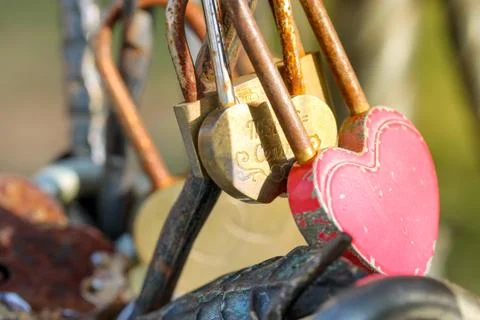 Wedding locks chained to the bench in city park Stock Photos
