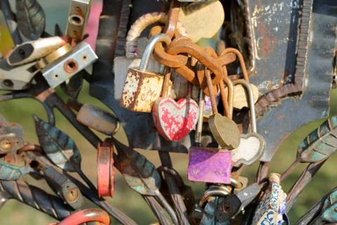 Wedding locks chained to the bench in city park Stock Photos