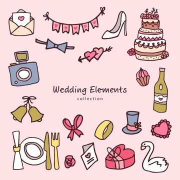 Wedding love elements collection doodles icons Stock Illustration