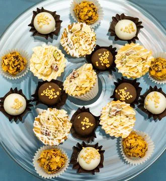 Wedding menu. Serving a wedding candy bar. A composition of sweet cakes and Stock Photos