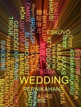 Wedding multilanguage wordcloud background concept glowing Stock Illustration