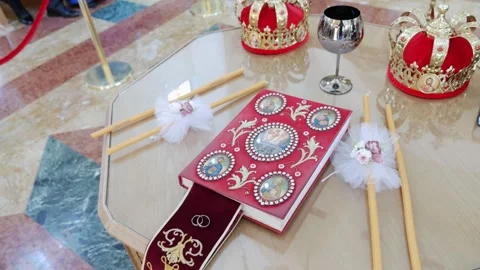 Wedding objects in church at altar table for ceremony Stock Footage 240906662