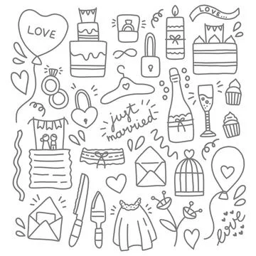 Wedding objects doodle black and white vector Stock Illustration