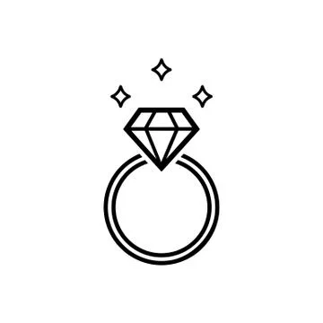 Wedding or diamond engagement ring symbol in outline style icon flat in black Stock Illustration