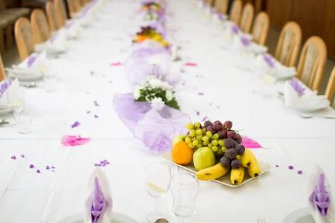 Wedding or reception dinner table with fruits Stock Photos