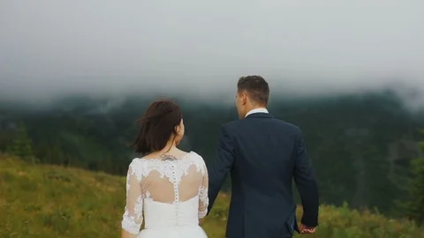 Wedding pair walking, hold hands, getting closer on the top of the mountains Stock Footage 88966954