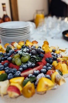 Wedding party. Buffet table with vegetables and fruits. Stock Photos