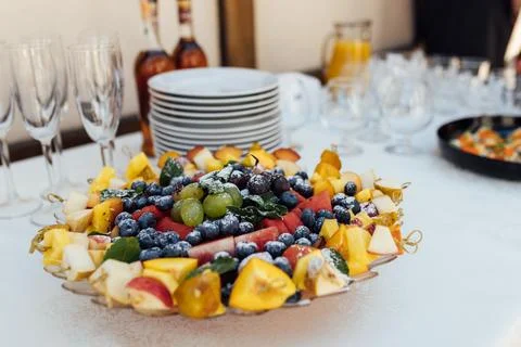 Wedding party. Buffet table with vegetables and fruits. Stock Photos