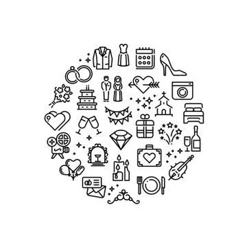 Wedding party fun outline vector icons Stock Illustration