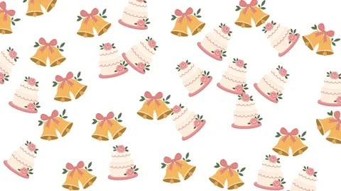 Wedding Pattern Background with Illustrated Golden Bells and Sweet Tiered Cakes Stock Footage 345539963