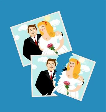 Wedding photo split in half and a whole one. Symbol of divorce, breakup, an.. Stock Illustration