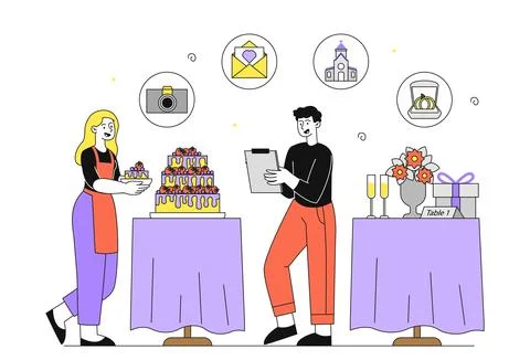 Wedding planning concept. Man and woman with cake, champagne, rings and camera Stock-Illustration