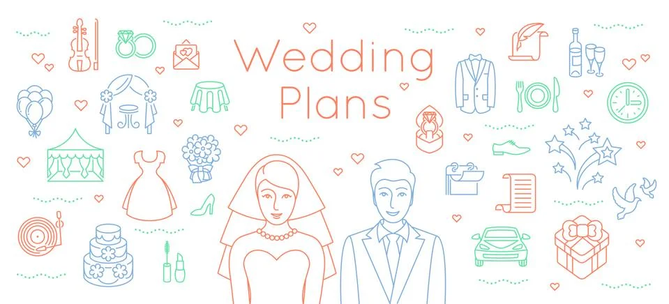 Wedding plans thin line flat background Illustrazione stock