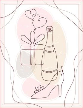 Wedding poster with single line drawing romantic symbols Stock Illustration