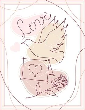 Wedding poster with single line drawing romantic symbols Stock Illustration