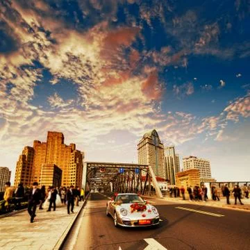 The wedding procession through bridge Stock Photos