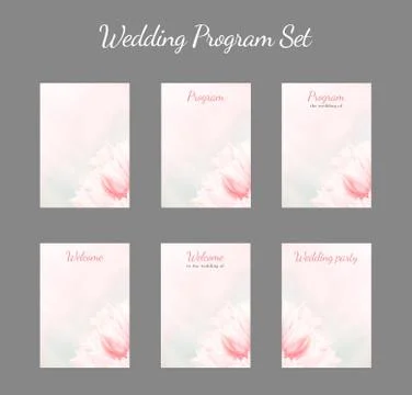 Wedding Program card set, pink tulips, vertical. Greeting, invite card, elega Stock Photos