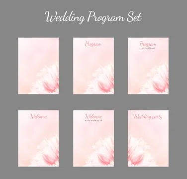 Wedding Program card set, pink tulips, vertical. Greeting, invite card, elega Stock Photos