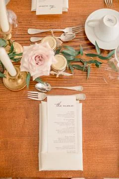 Wedding receiption setting with menu Stock Photos