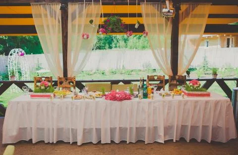 Wedding reception area ready for dinner and the party Stock Photos