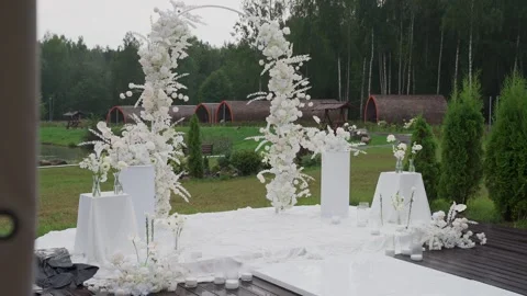 Wedding reception decor, fresh flower arrangements, a new design solution. Its Stock Footage 329094389