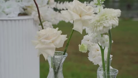 Wedding reception decor, fresh flower arrangements, a new design solution. Its 스톡 동영상 329094533