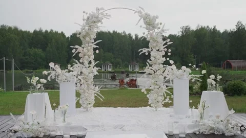 Wedding reception decor, fresh flower arrangements, a new design solution. Its Stock Footage 329094560