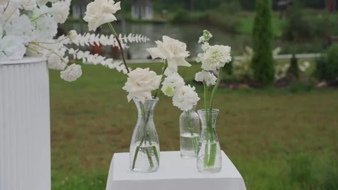 Wedding reception decor, fresh flower arrangements, a new design solution. Its Stock Footage 329094563